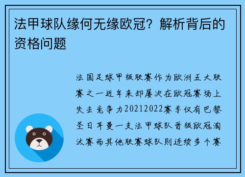 法甲球队缘何无缘欧冠？解析背后的资格问题